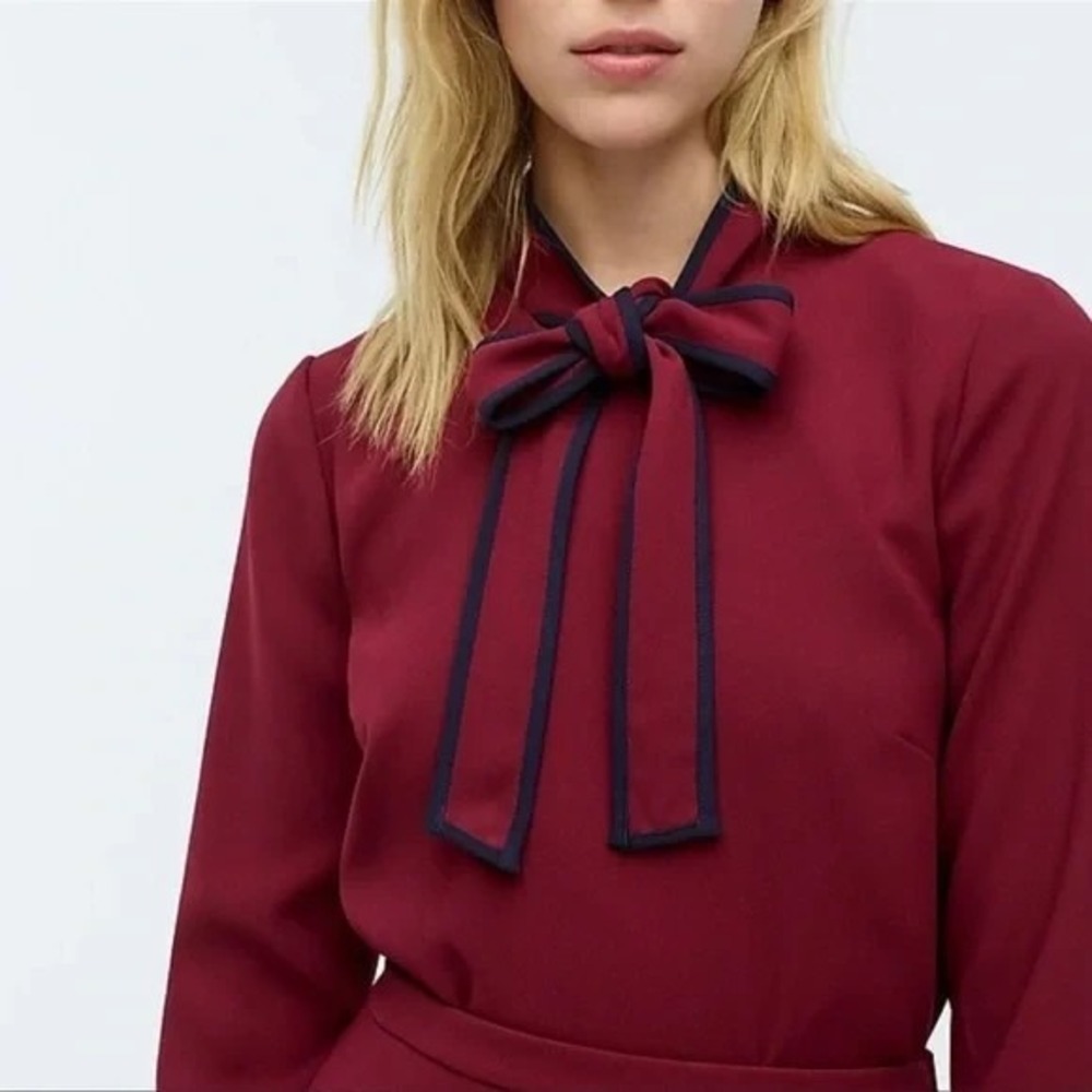J.Crew Bow Blouse Top Women's 4 Burgundy/Navy Trim Tie Neck 365 Crepe NWT $90